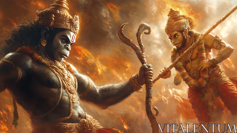 Mythic simian warriors clash in blazing celestial storm.