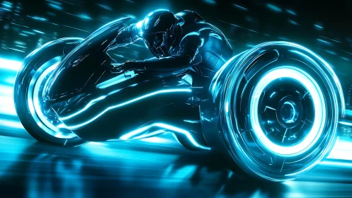 High-speed neon light cycle rendered with dynamic motion blur