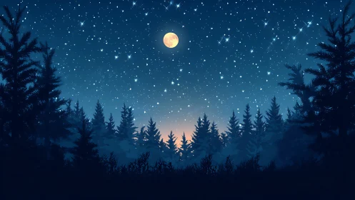 Lunar-lit conifer forest silhouette under dense starfield gradient