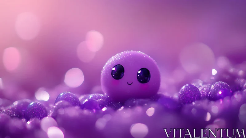 Sparkle-eyed purple blob smiles in a dreamy bokeh sea.