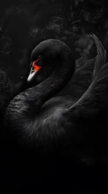 Black swan glows from darkness in dramatic feathered profile.
