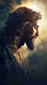 Side profile of bearded man with crown of thorns in light.