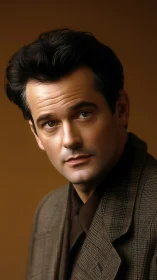 Suit-clad daydreamer under warm studio glow, quietly poised.