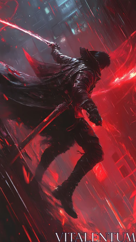 Neon storm carves a lone swordsman into the crimson rain