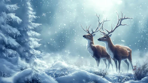 Winter-lit reindeer pair standing in ethereal snowy forest.