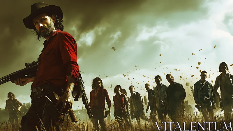 Gunman in red shirt faces advancing zombie horde under stormy sky.