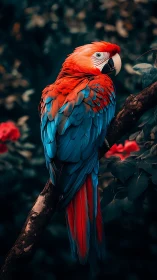 Scarlet and blue parrot on branch in dense, dark foliage.