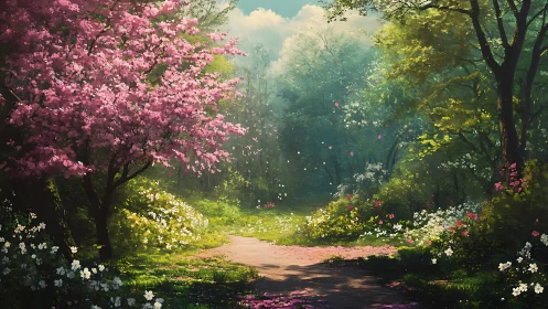 Enchanted Forest Path Through Blooming Spring Garden.