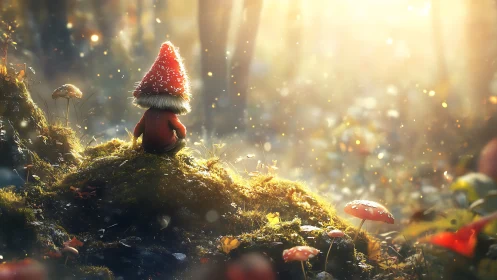 Forest gnome on mossy hill under glowing sunrise mist.