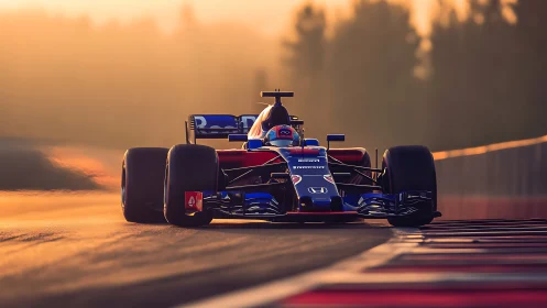 Sunlit Formula race car charging through evening circuit.