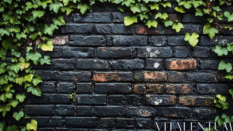 Dark brick wall with green ivy edging along top and sides.