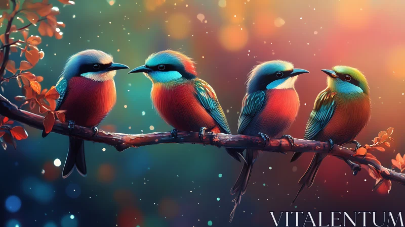 Four Colorful Birds on a Branch, Vibrant Digital Art Style.
