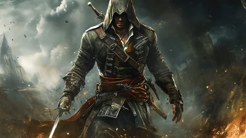 Hooded rogue strides through burning ruins with steel bared.