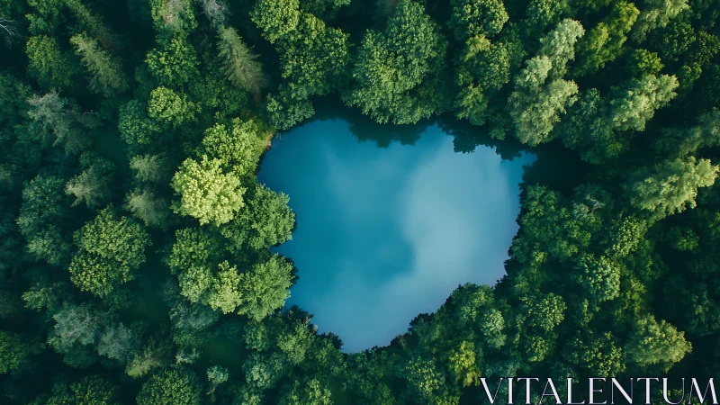 Serene blue heart-shaped lake surrounded by lush green forest, aerial view.