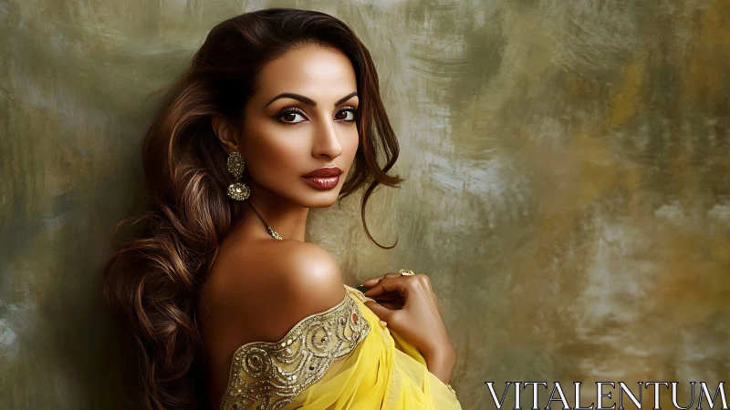 Graceful woman in golden yellow sari with gentle, warm gaze.
