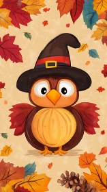 Whimsical owl-witch guards a swirling curtain of autumn leaves.
