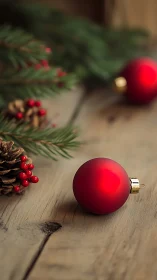 Red matte bauble on rustic wood surface with shallow depth of field