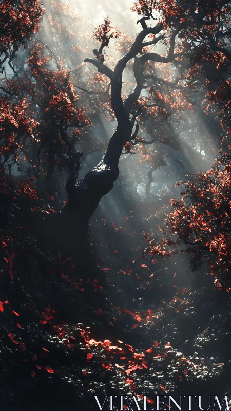 Twisted forest tree catches shafts of light over red leaves