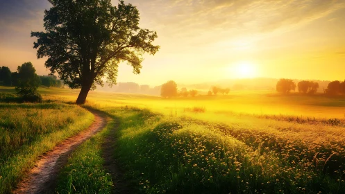 Rural dirt path through meadow under low sunrise light.