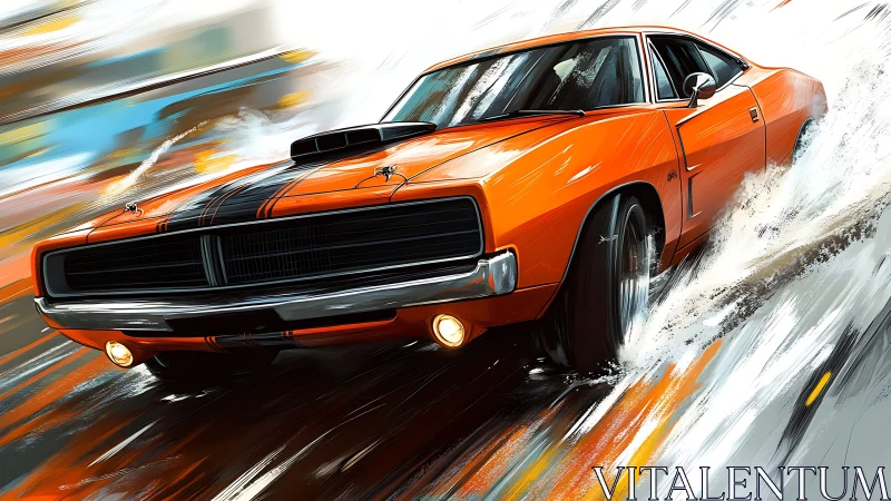 Orange muscle car on wet road in dynamic side-front view.