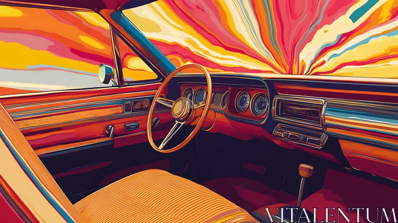 Retro car interior frames swirling sunset horizon view