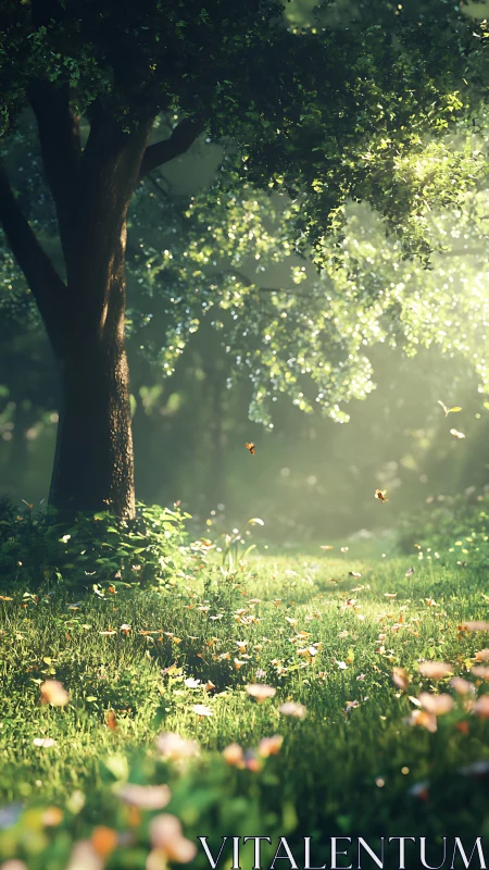 Sunlit Forest Clearing with Ancient Tree and Golden Bokeh