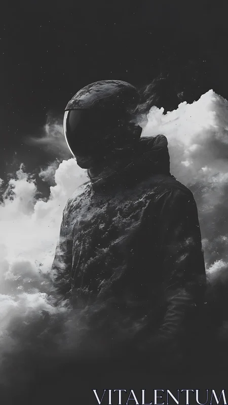 Solitary astronaut figure emerging from dark swirling clouds.