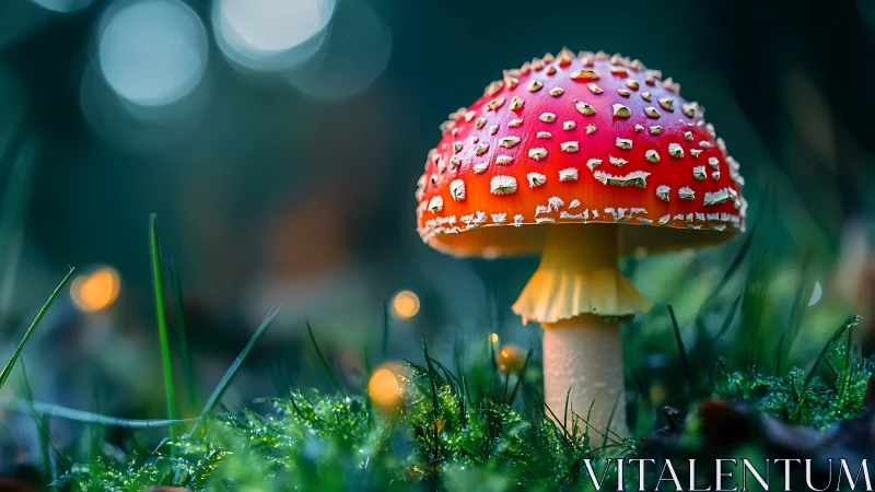 Red toadstool mushroom in forest grass with soft bokeh light.