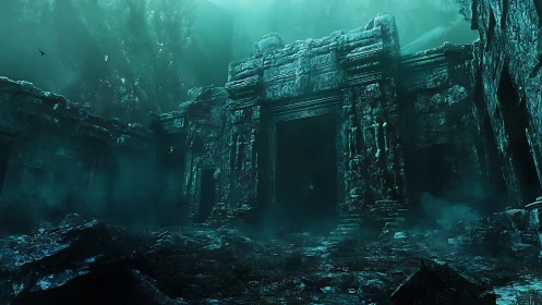 Sunken emerald temple doorway in quiet ocean gloom.