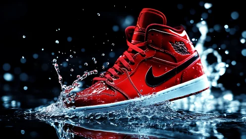 Photorealistic red sneaker splash with dynamic liquid staging.
