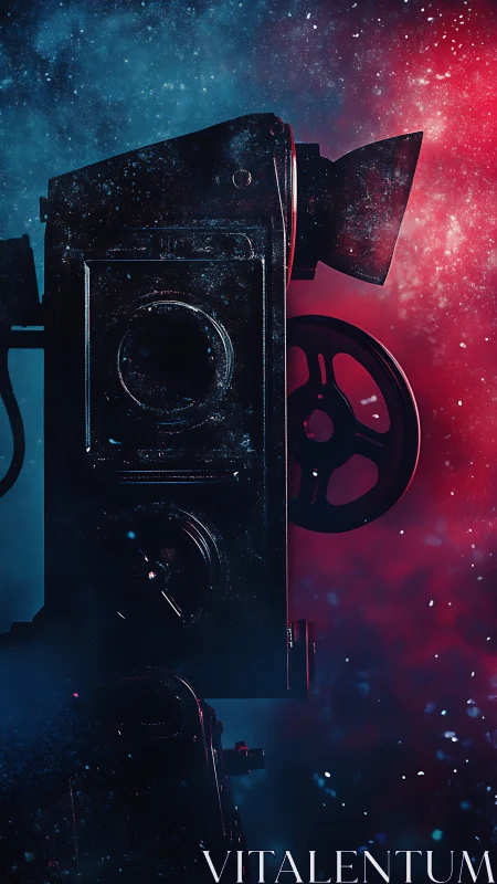 Vintage film projector silhouette against dual-color nebula field