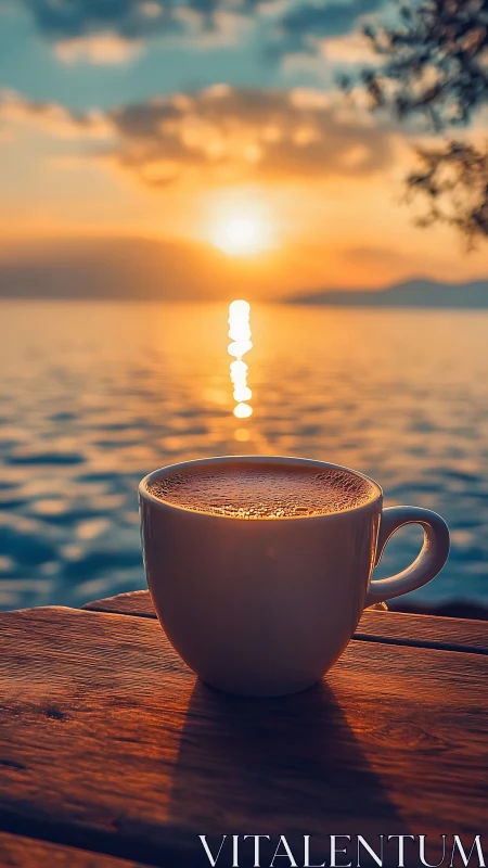 Sunlit coffee cup rests beside a tranquil golden seascape