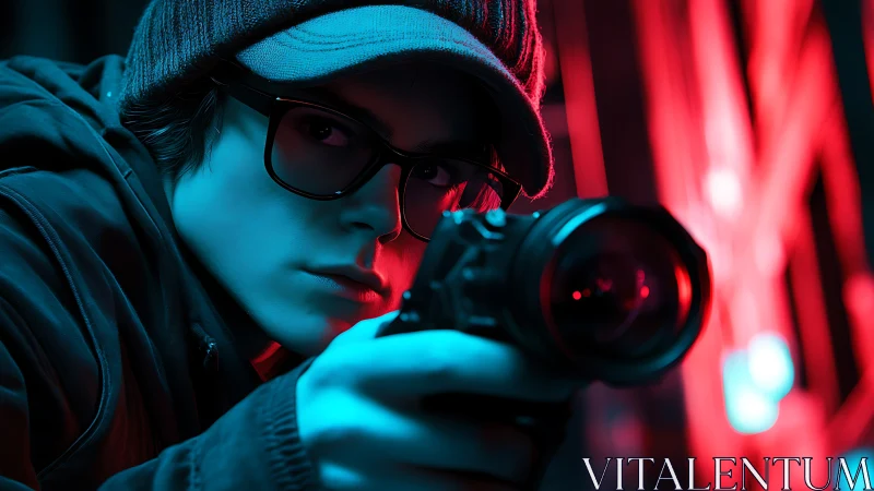 Cyberpunk portrait of urban photographer in neon chiaroscuro.