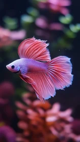 Pink and white betta fish in softly blurred aquarium scene.