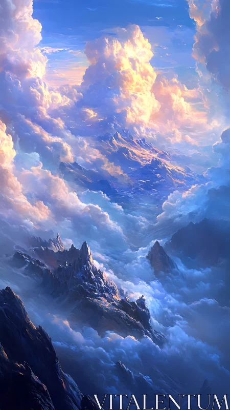 Soaring sunlit clouds cradle peaceful blue mountain peaks