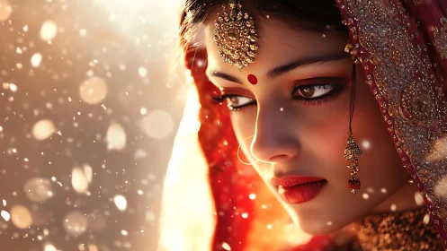 Bridal portrait with red veil, gold jewelry and soft light.