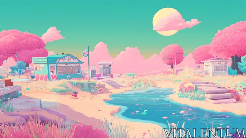 Neon pastel riverside town under a dreamy cotton-candy sky.