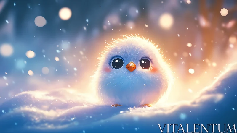 Adorable Fluffy Bird in Snowy Wonderland, Soft Glow Illustration.
