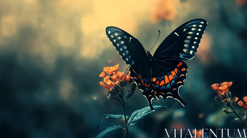 Twilight-winged butterfly crowned by ember-bright blossoms.