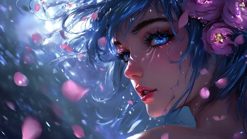 Blue haired girl with roses in drifting petals portrait.