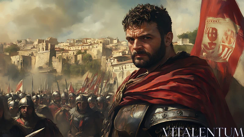 Roman commander leading armored legion before city walls.