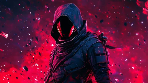 Cybernetic rogue in crimson particle storm digital portrait.