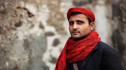 Man in red headscarf and shawl stands against blurred wall