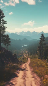 Sunlit dirt road recedes toward atmospheric alpine mountain range