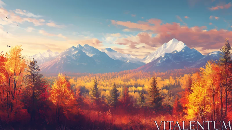 Autumn mountain vista glows under crisp sunrise sky.