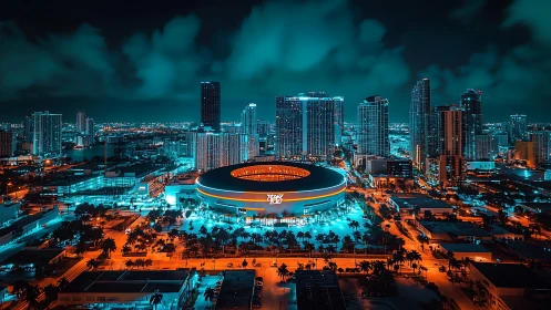 Neon-lit arena anchors a futuristic coastal city skyline.