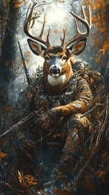 Deer-headed sniper warrior waits in burnt autumn forest