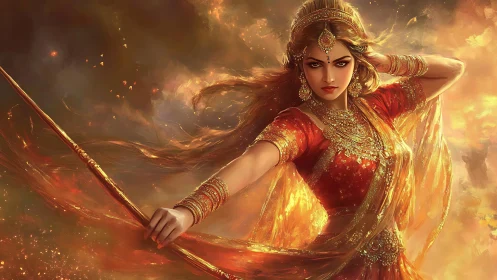 Female warrior in ornate attire holds staff amid fiery backdrop