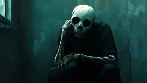 Melancholic skeleton figure rests alone in a dim room.
