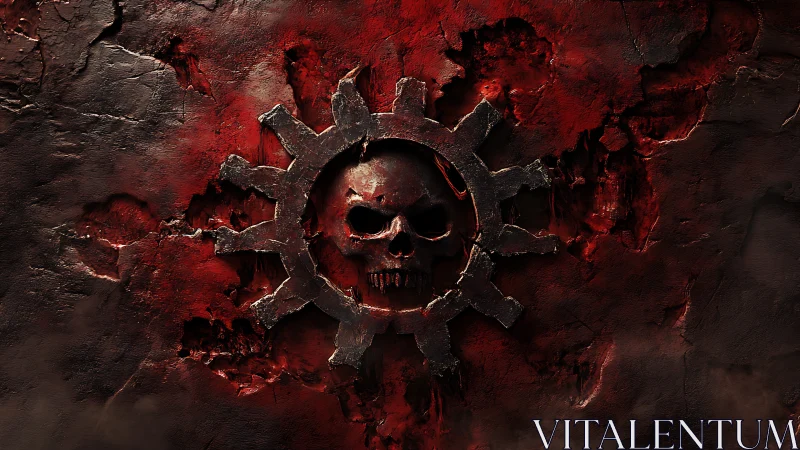 Skull-forged gear sigil burning through blood-dark stone.